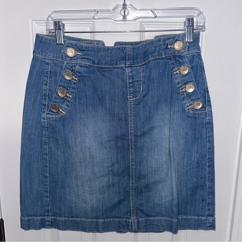 Denim Midi Skirt with Button Accent - Blue